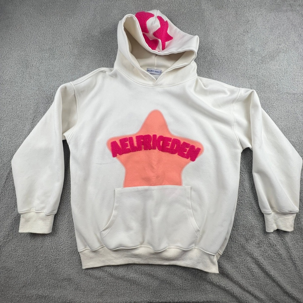 Aelfric‎ Eden Star Hoodie Large White Pink Chenille Logo Streetwear Rave *READ
